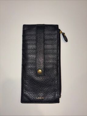 Lodis Black Pebbled Leather Zip Wallet with Snap Strap and Gold Accents